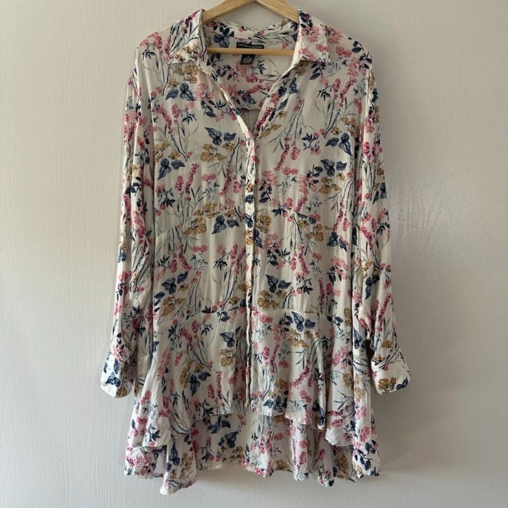 Chelsea & Theodore Womens Plus Floral High Low Hem Button Down Tiered Top 2X